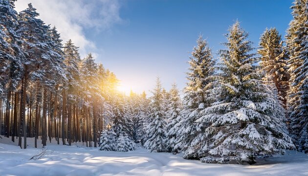 pine trees covered with snow in winter with sunlight fir forest