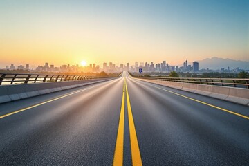 Fototapeta premium Open highway leading towards a modern city skyline at sunrise.