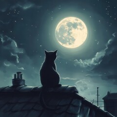 Black Cat on Rooftop, Moonlit Night