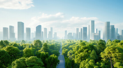 Obraz premium modern cityscape with tall skyscrapers surrounded by lush green trees under clear blue sky, showcasing harmonious blend of urban and natural environments