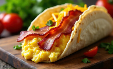 Obraz premium bacon egg and cheese taco with melted cheese