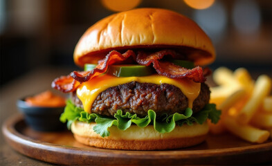 hamburger on a black background green chile bacon burger with cheddar