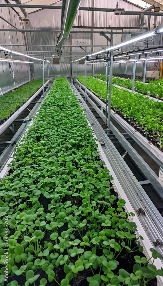 Aufkleber rows of thriving microgreens nurtured with advanced drip irrigation in a clean greenhouse setting ge