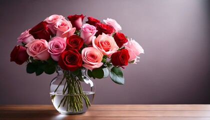 Fototapeta premium romantic pink and red rose bouquet in glass vase