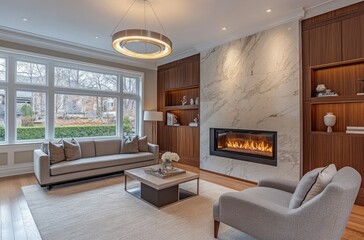 A living room with an elegant sofa, armchairs, and coffee tables in light gray fabric, with soft colors and wooden panels on the walls, and a marble fireplace.
