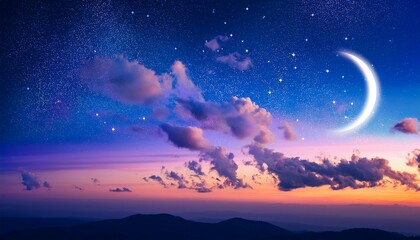 colorful night sky with clouds crescent moon and bright stars