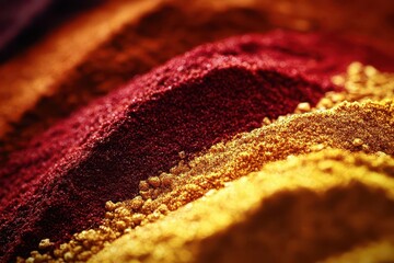 artistic composition of vibrant spice blend with deep reds and golden yellows creating abstract patterns on dark background with dramatic lighting