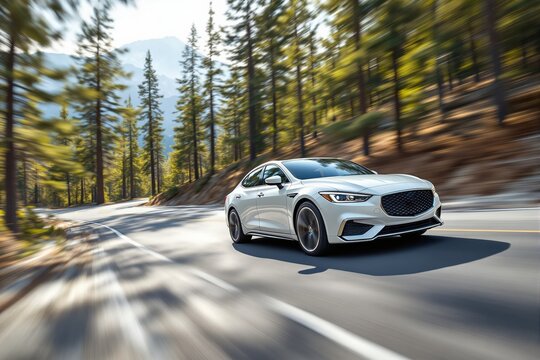 White luxury sedan speeding on a winding mountain road with a blurred forest background.