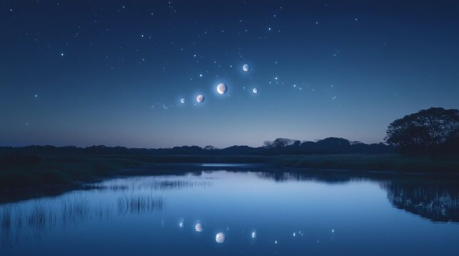 Seven planets align in a glowing arc, inspiring celestial wonder and cosmic harmony.