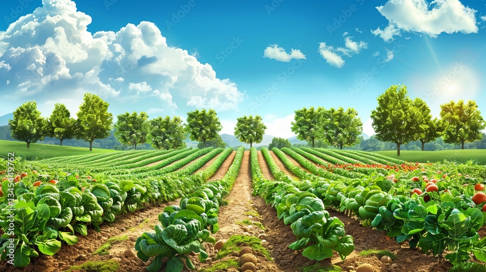 Poster pastoral rural garden with vibrant rows of vegetables and fruit trees in a sunny field generative ai