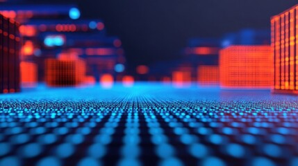 Obraz premium A futuristic cargo port illuminated with glowing blue digital grid lines overlaying the shipping containers and cranes, symbolizing high-tech logistics and trade