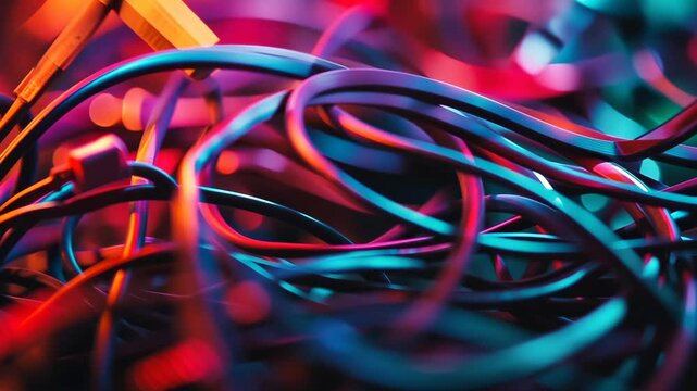 abstract tangled wires and cables on table, vibrant textured background, symbolic representation of complexity and connection, cinematic artistic focus