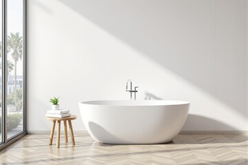 Fototapeta premium Modern minimalist bathroom with freestanding white bathtub.