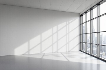 Fototapeta premium Modern empty interior with large windows and city skyline view.