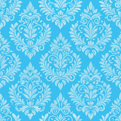 Seamless Light Blue Damask Patterned Background with Intricate Scrollwork