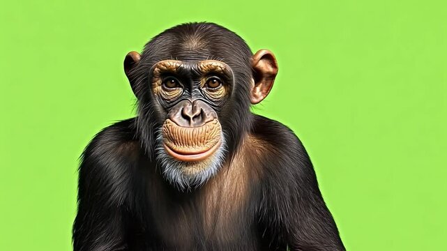 Chimpanzee's Intimate Gaze: A chimpanzee's close-up, expressive face against a vibrant backdrop, with its intelligent eyes reflecting the complex emotions that mirror our own.