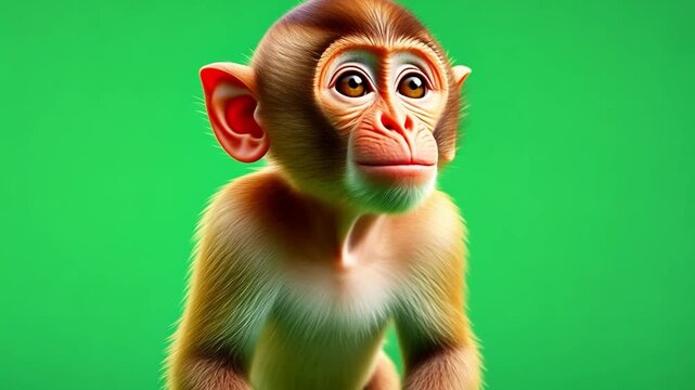 Charming Primate on Green: This captivating image showcases a adorable monkey, captured in a close-up shot, set against a vibrant green background.
