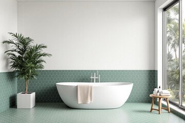 Fototapeta premium Modern bathroom interior with freestanding bathtub and green hexagonal tiles.