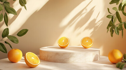 Bright summer-themed product presentation with a podium and orange fruits on a soft beige backdrop