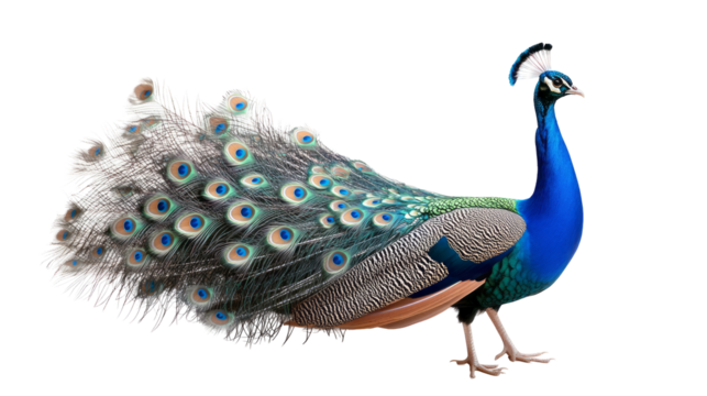 a peacock with its colorful feathers on display isolated, transparent background	
