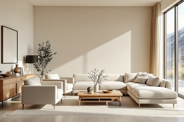 Modern minimalist living room interior with neutral color furniture and wooden elements.