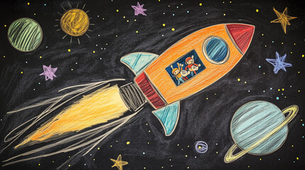 A scribbly chalkboard drawing of a rocket ship blasting off to space