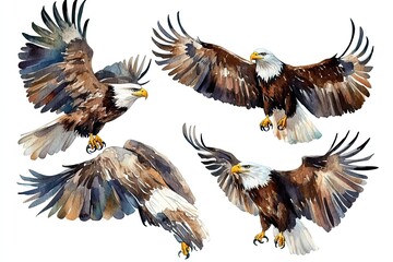 Obraz premium Set of watercolor majestic eagles hand drawn on a white background