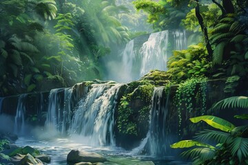 High Quality Picture of Painting of Powerful Waterfall in Lush Jungle Environment