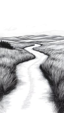Winding Path Through Serene Grassland Hills