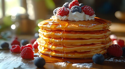Delicious Pancakes Breakfast Berries Syrup Kitchen