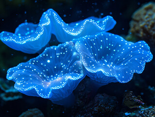 Bioluminescent coral glowing deep ocean surreal marine life vibrant blue luminescence delicate branching reef structure ethereal underwater environment light mysterious abyss aquatic organism