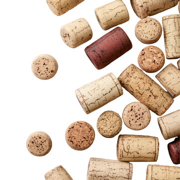 a collection of corks in various sizes and shapes scattered in a close-up shot. isolated, transparent background	