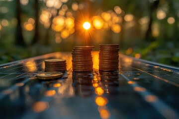 a serene solar panel array with stacked gold coins catching sunlight lens flares pristine metallic reflections environmental sustainability theme soft green backdrop