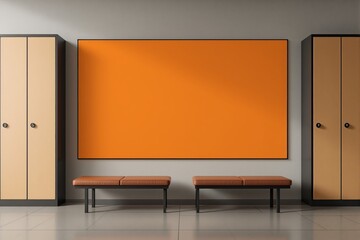 Modern interior with orange blank poster on wall.