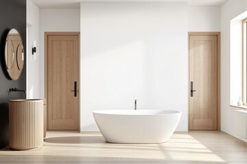 Modern minimalist bathroom interior with white freestanding bathtub.