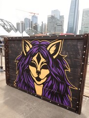 Obraz premium Painted Wooden Panel with Cat Art