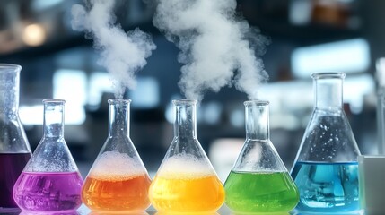 Vibrant depiction of chemical reactions gas evolution color changes and precipitate formation in a clean laboratory setting