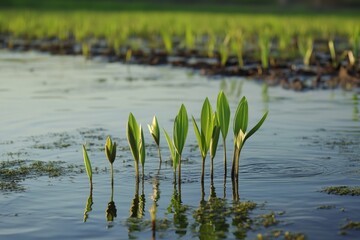 Fresh Green Shoots Growing in Water with Reflection at Sunrise