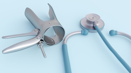 A 3d rendering of vaginal speculum and stethoscope, commonly used during gynecological examinations to visualize the cervix and vaginal walls.