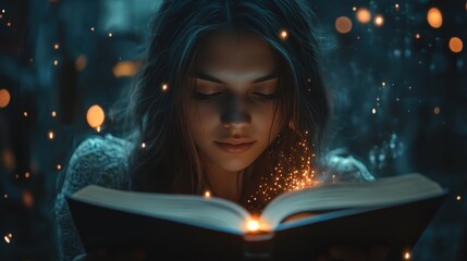 Woman sits reading a book, and a magical light from a fiber optic beam appears from the book.