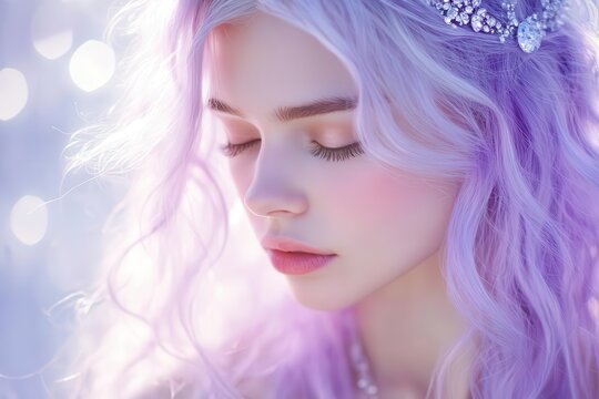 a serene young woman with flowing lavender hair in ethereal lighting wearing delicate crystals soft dreamy portrait with bokeh effects and pastel colors