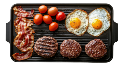 Delicious english breakfast with bacon, eggs, tomatoes and burgers on transparent background