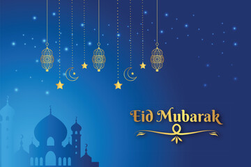 Eid al-Adha Mubarak celebration with lanterns, crescent moon, and mosque silhouette