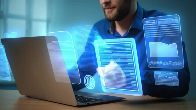 Man typing on laptop glowing electronic document files and digital signature.