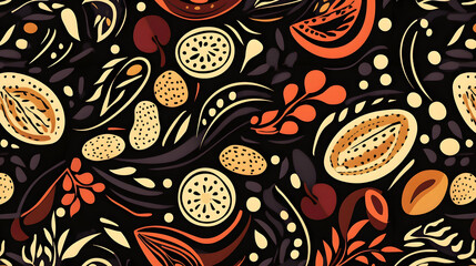 Naklejka premium A bold tribal-inspired pattern featuring stylized peanuts, grapes, and bread slices.