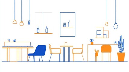 Modern cafe interior, minimalist design, empty dining area