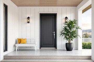 Fototapeta premium Modern farmhouse front porch with black door, white walls, wooden ceiling, and stylish decor.