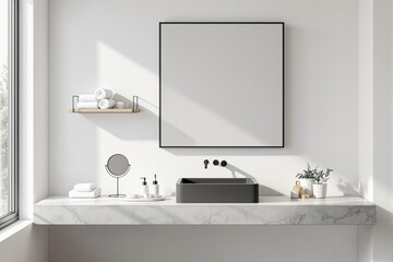 Modern bathroom interior with blank square mirror above stylish sink.