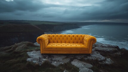 Yellow velvet sofa perched on dramatic coastal cliff