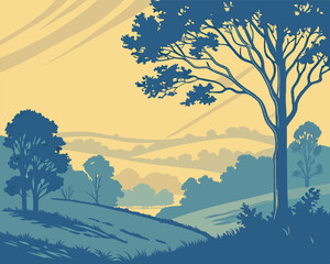 Peaceful Landscape Illustration with Rolling Hills, Silhouetted Trees, and a Calm, Serene Atmosphere in Muted Blues and Yellows
